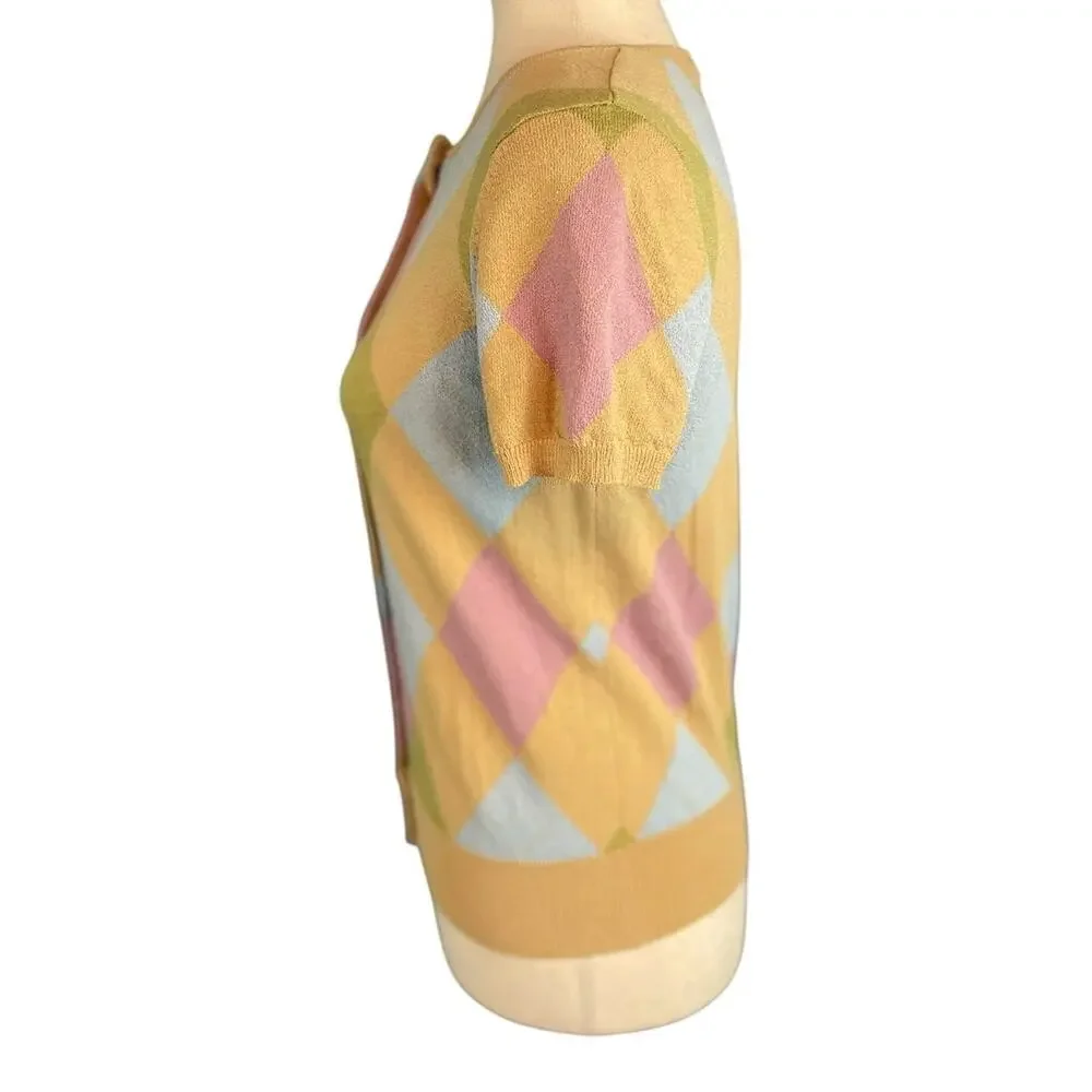 White + Warren Argyle Knit Cardigan Grandmillennial Coquette Preppy Medium